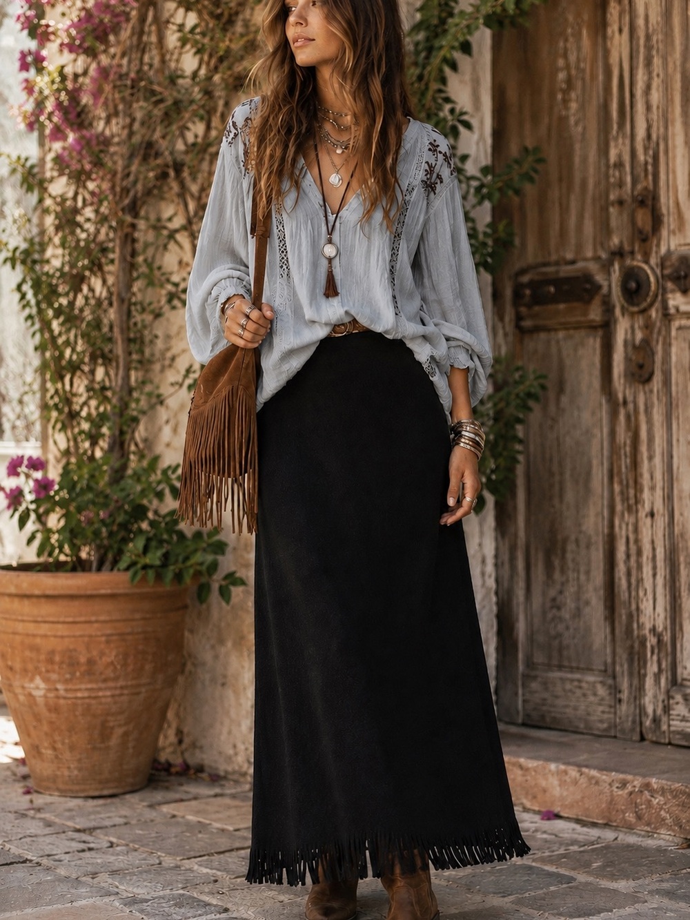 Women's Black Maxi Fringe Hem Skirt - Timeless Everyday Elegance